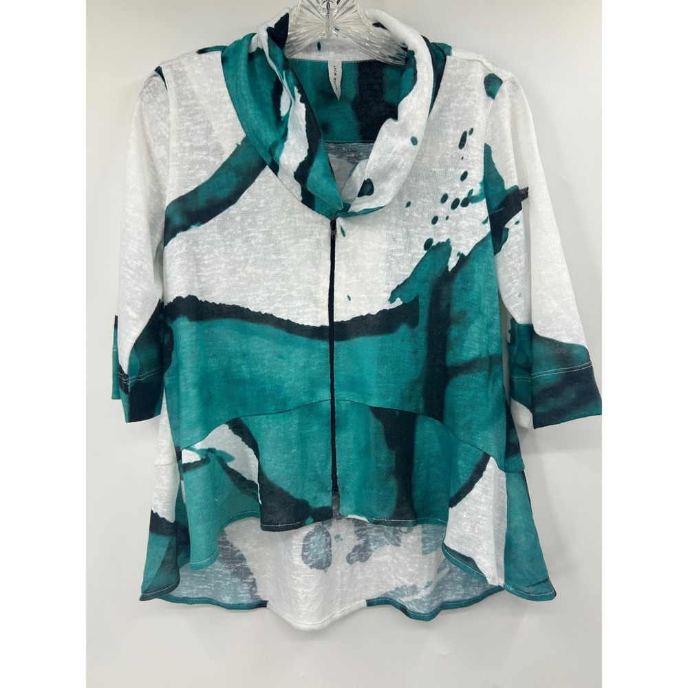 Ingrid Munt Barcelona Abstract Teal Linen Blend Cowl Neck Zip Top Small